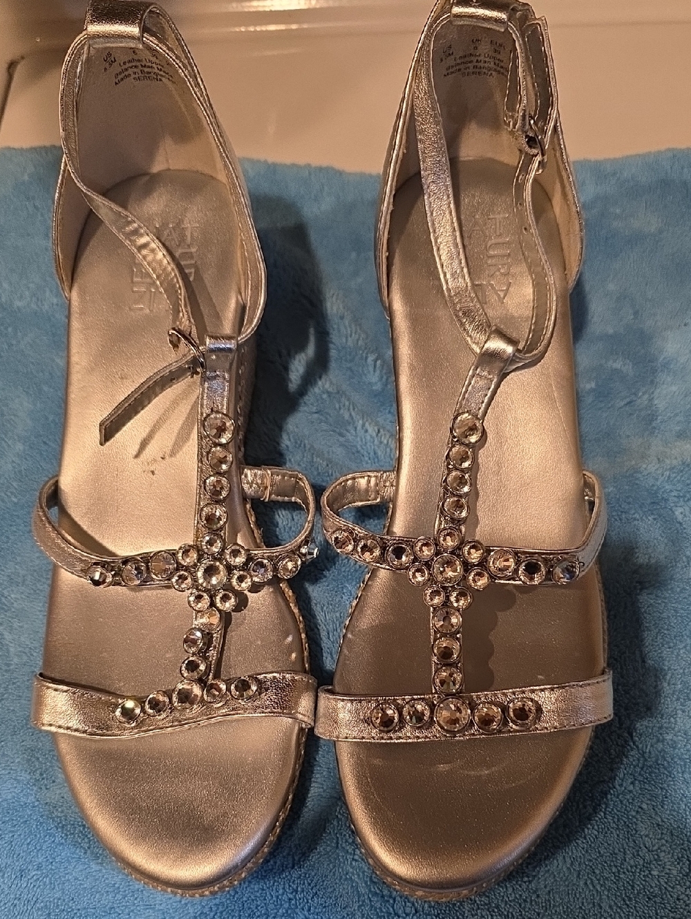 Metallic Silver T-Strap Embellished Women’s Sandals